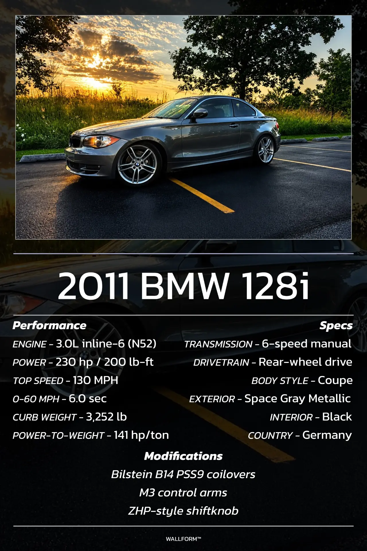 WALLFORM digital design preview of a 2011 BMW 128i specification poster